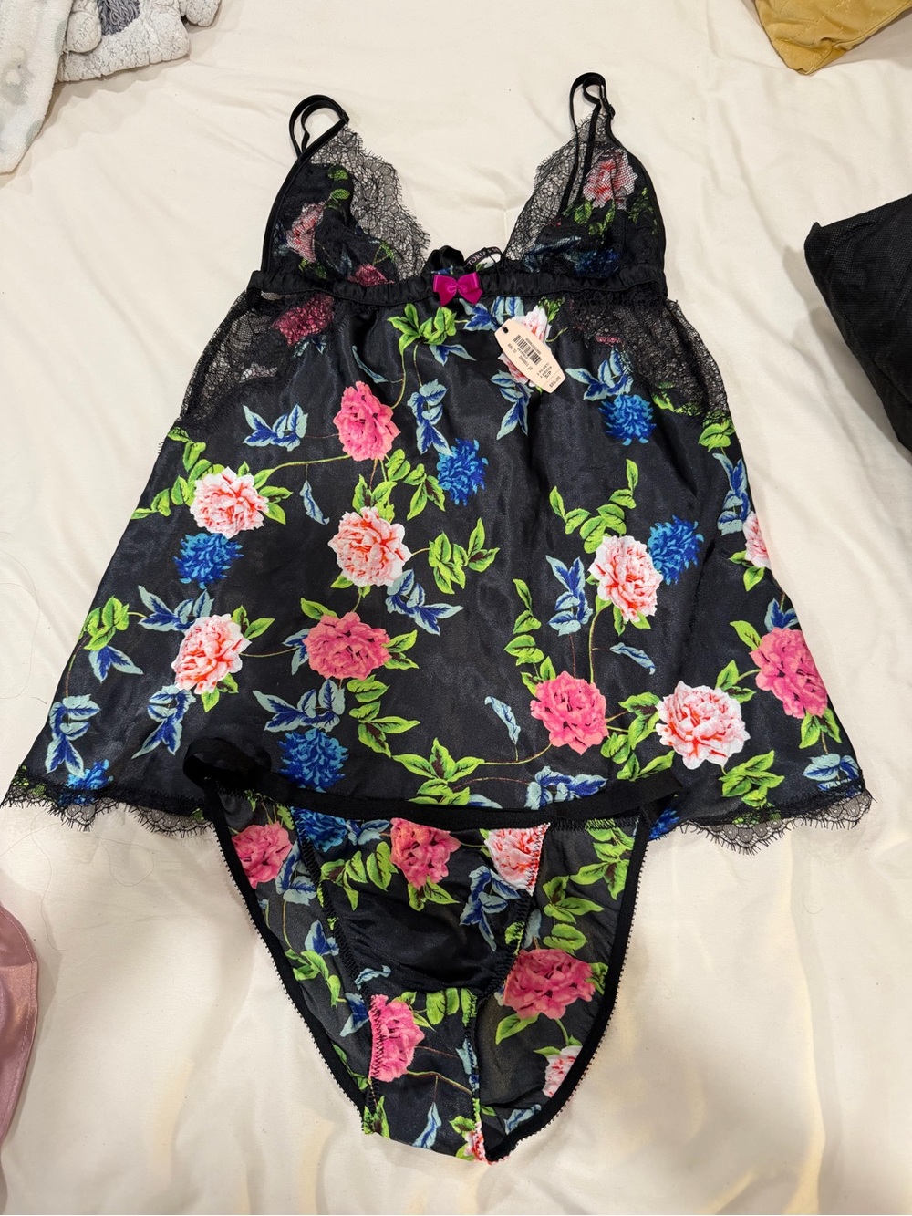 Victoria's Secret Black Floral Lace Chemise with Matching Brief